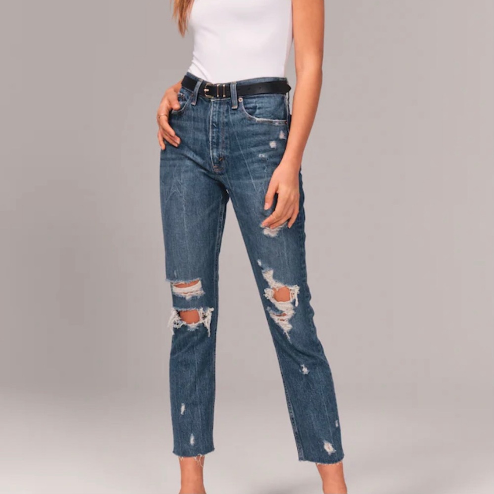Abercrombie Dark Ripped High Rise Mom Jeans 25